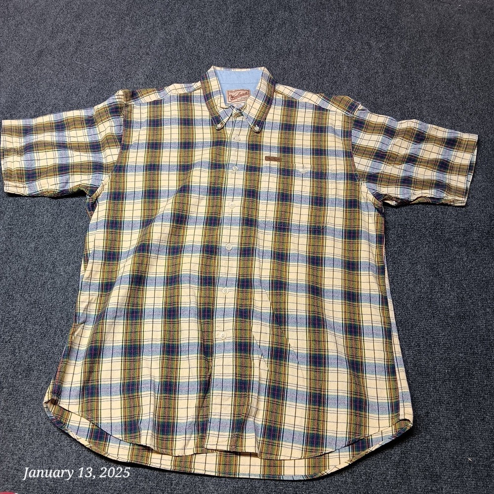 Woolrich Shirt Men Large Yellow Plaid Short Sleeve Button Down VGC